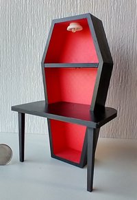 1:12 Dollhouse battery lighted coffin showcase with 3 LEDs and a built-in table