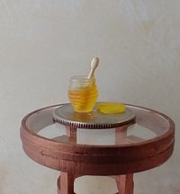 1:12 Dollhouse clear beehive honey jar with immersed wooden dipper and removable yellow lid REF Yellow lid