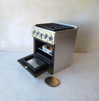 RESERVED 1:12 Dollhouse gas stove with  light up oven and four burners with suggested blue flames Door and faux drawer in green