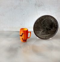 1:12 Dollhouse miniature pumpkin mug with surface ridges and bat decals REF Bats