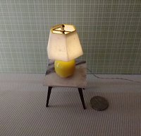 1:12 dollhouse mid-century themed table lamp with hexagonal shade Battery operated dollhouse table lamp on external wires REF Yellow vase