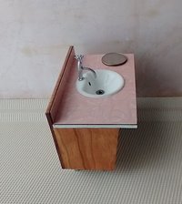 1:12 Dollhouse mid-century styled bath single sink vanity cabinet Angled cabinet undermount sink with backsplash and sliding doors