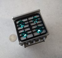 RESERVED 1:12 Dollhouse gas stove with  light up oven and four burners with suggested blue flames Door and faux drawer in green with silvery sides