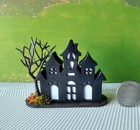RESERVED Miniature light up halloween haunted house with leafless tree Battery operated for 1-inch scale or play scale REF 1