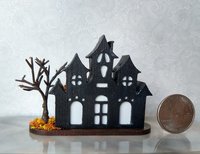 PREORDER Deposit of $1 for one unit of miniature light up halloween haunted house with leafless tree Battery operated for 1-inch scale or play scale