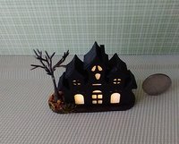 Miniature light up halloween haunted house with leafless tree Battery operated for 1-inch scale or play scale REF 3