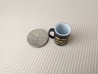 Play scale 1:6 or Barbie dollhouse black coffee mug with vinyl decals for 12-inch dolls REF Yellow texts