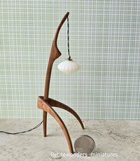 1:12 dollhouse miniature mid-century style floor lamp with sculptural tripod legs in solid cherry Rispal inspired Praying mantis lamp Battery operated LED lamp REF Cherry wood