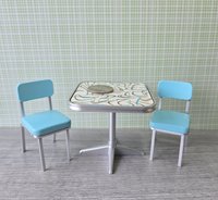 1:12 Dollhouse mid-century style dinette table set with two turquoise chairs REF Boomerang laminate top + turquoise chairs