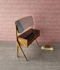 1:12 Dollhouse mid-century style vanity or dressing table in solid cherry wood with swing acrylic mirror and working drawers