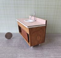 1:12 Dollhouse mid-century style bath single sink vanity cabinet undermount sink with backsplash and sliding doors REF Cherry + pink