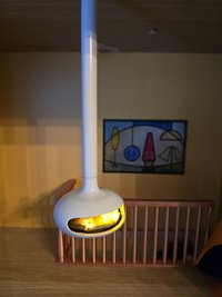 1:12 Dollhouse miniature hanging modern fireplace MCM style suspended fireplace with battery operated flickering insert REF White