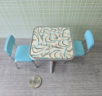 1:12 Dollhouse mid-century style dinette table set with two turquoise chairs REF Boomerang laminate top + turquoise chairs