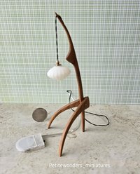 1:12 dollhouse miniature mid-century style floor lamp with sculptural tripod legs in solid cherry Rispal inspired Praying mantis lamp Battery operated LED lamp REF Cherry wood