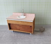 1:12 Dollhouse mid-century style bath single sink vanity cabinet undermount sink with backsplash and sliding doors REF Cherry + pink