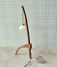 1:12 dollhouse miniature mid-century style floor lamp with sculptural tripod legs in solid cherry Rispal inspired Praying mantis lamp Battery operated LED lamp REF Cherry wood