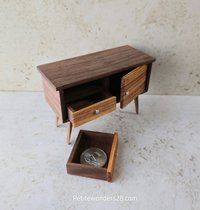 1:12 scale dollhouse mid-century style sideboard in solid walnut and canary wood MCM credenza