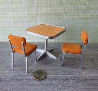1:12 Dollhouse mid-century style dinette table set with two orange chairs REF Orange laminate top