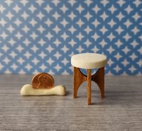 1:12 Dollhouse MCM style vanity stool with cherry wood legs upholsterd seat pad 