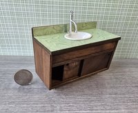 1:12 Dollhouse mid-century style bath single sink vanity cabinet Angled cabinet undermount sink with backsplash and sliding doors REF Walnut + green
