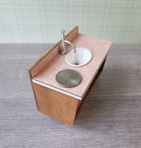1:12 Dollhouse mid-century style bath single sink vanity cabinet undermount sink with backsplash and sliding doors REF Cherry + pink