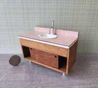 1:12 Dollhouse mid-century style bath single sink vanity cabinet undermount sink with backsplash and sliding doors REF Cherry + pink
