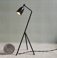 1:12 Dollhouse mid-century style tripod floor lamp Battery operated LED lamp with external wires REF Black grasshopper