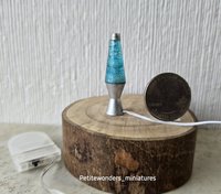 1:12 Dollhouse miniature retro lava lamp Battery operated LED table lamp MCM style with external wires REF Chrome finish base aqua resin