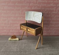 1:12 Dollhouse mid-century style vanity or dressing table in solid cherry wood with swing acrylic mirror and working drawers