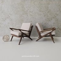 Made-to-order 1:12 Dollhouse mid-century style lounge chair in walnut MCM Z-chair with off-white cushions PRICE is for One chair