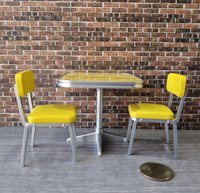 1:12 Dollhouse mid-century style dinette table set with two orange chairs REF Yellow laminate top