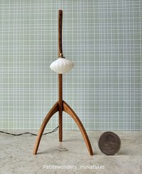 1:12 dollhouse miniature mid-century style floor lamp with sculptural tripod legs in solid cherry Rispal inspired Praying mantis lamp Battery operated LED lamp REF Cherry wood