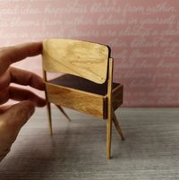1:12 Dollhouse mid-century style vanity or dressing table in solid cherry wood with swing acrylic mirror and working drawers