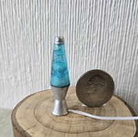 1:12 Dollhouse miniature retro lava lamp Battery operated LED table lamp MCM style with external wires REF Chrome finish base aqua resin