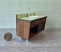 1:12 Dollhouse mid-century style bath single sink vanity cabinet Angled cabinet undermount sink with backsplash and sliding doors REF Walnut + green