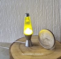 1:12 Dollhouse miniature retro lava lamp Battery operated LED table lamp MCM style with external wires REF Chrome finish base light yellow resin