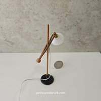 1:12 Dollhouse mid-century style floor lamp Battery operated LED lamp with external wires REF cherry wood lamp post