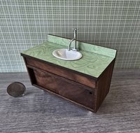 1:12 Dollhouse mid-century style bath single sink vanity cabinet Angled cabinet undermount sink with backsplash and sliding doors REF Walnut + green