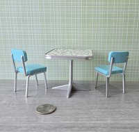 1:12 Dollhouse mid-century style dinette table set with two turquoise chairs REF Boomerang laminate top + turquoise chairs