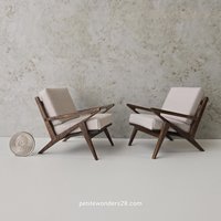 Made-to-order 1:12 Dollhouse mid-century style lounge chair in walnut MCM Z-chair with off-white cushions PRICE is for One chair