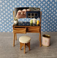 1:12 Dollhouse mid-century style vanity or dressing table in solid cherry wood with swing acrylic mirror and working drawers
