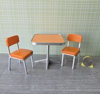 1:12 Dollhouse mid-century style dinette table set with two orange chairs REF Orange laminate top