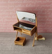 1:12 Dollhouse mid-century style vanity or dressing table in solid cherry wood with swing acrylic mirror and working drawers