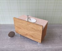 1:12 Dollhouse mid-century style bath single sink vanity cabinet undermount sink with backsplash and sliding doors REF Cherry + pink