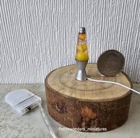 1:12 Dollhouse miniature retro lava lamp Battery operated LED table lamp MCM style with external wires REF Chrome finish base red glitter clear resin