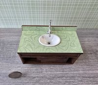 1:12 Dollhouse mid-century style bath single sink vanity cabinet Angled cabinet undermount sink with backsplash and sliding doors REF Walnut + green