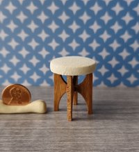 1:12 Dollhouse MCM style vanity stool with cherry wood legs upholsterd seat pad 