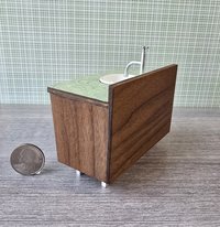 1:12 Dollhouse mid-century style bath single sink vanity cabinet Angled cabinet undermount sink with backsplash and sliding doors REF Walnut + green