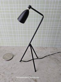 1:12 Dollhouse mid-century style tripod floor lamp Battery operated LED lamp with external wires REF Black grasshopper