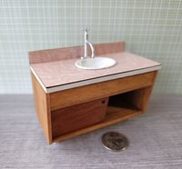 1:12 Dollhouse mid-century style bath single sink vanity cabinet undermount sink with backsplash and sliding doors REF Cherry + pink